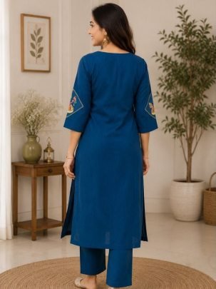 Teal Blue Slub Cotton Embroidered Kurti Pant Set