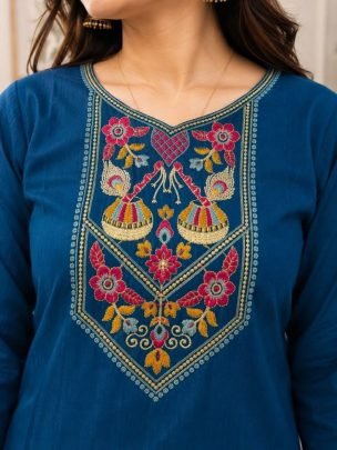 Teal Blue Slub Cotton Embroidered Kurti Pant Set