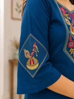 Teal Blue Slub Cotton Embroidered Kurti Pant Set