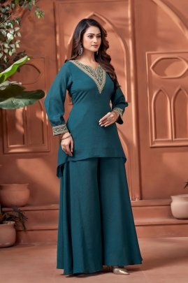 Teal Color Chinon Fabric Cord Set For Daily