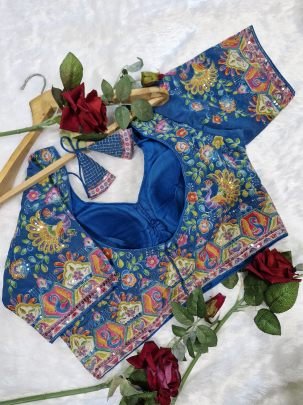Thread Work Blue Colour Ready Made Blouse
