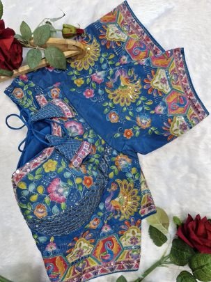 Thread Work Blue Colour Ready Made Blouse