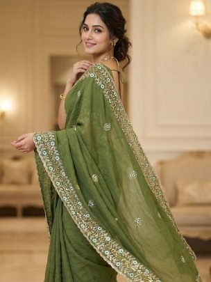 Tissue Sonic Crush Fabric  Pista Colour Saree