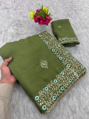 Tissue Sonic Crush Fabric  Pista Colour Saree