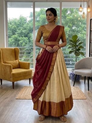 Traditional Maroon Cotton Silk Lehenga With Blouses