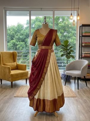Traditional Maroon Cotton Silk Lehenga With Blouses