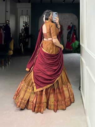 Traditional Mustard Narayan Pet Cotton Zari Weaving Lehenga With Red Dupatta And Belt