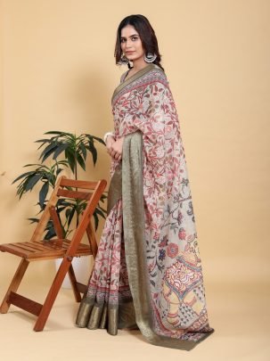 Traditional Printed Linen Cotton Saree With Olive Green Zari Border