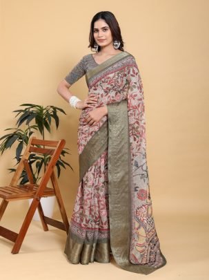 Traditional Printed Linen Cotton Saree With Olive Green Zari Border