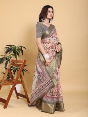 Traditional Printed Linen Cotton Saree With Olive Green Zari Border