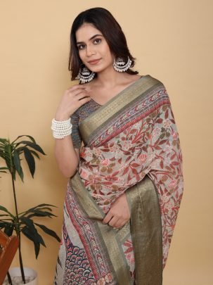 Traditional Printed Linen Cotton Saree With Olive Green Zari Border