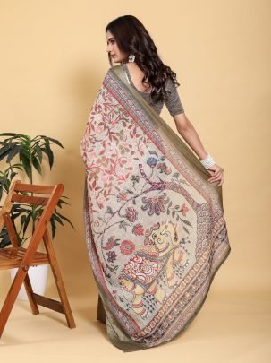 Traditional Printed Linen Cotton Saree With Olive Green Zari Border