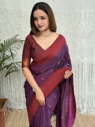 Traditional Silk Saree With Red Zari Work Border