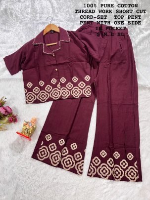 Trendy Wine Lady Special  Heavy Embroidery Cotton Cord Set For Girls