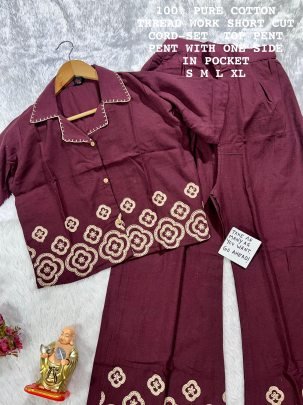 Trendy Wine Lady Special  Heavy Embroidery Cotton Cord Set For Girls