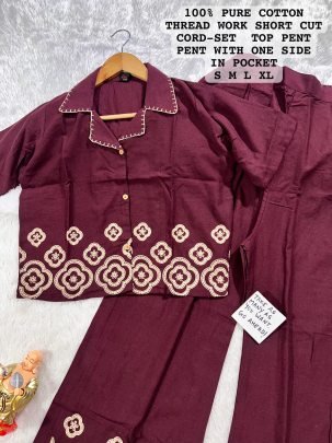 Trendy Wine Lady Special  Heavy Embroidery Cotton Cord Set For Girls