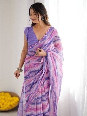 Trendy Heavy Georgette Silk Printed Saree With Unstitched Purple Blouse