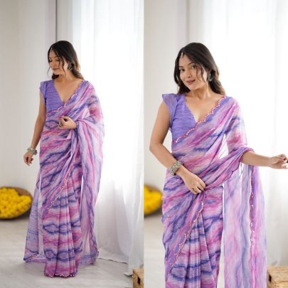 Trendy Heavy Georgette Silk Printed Saree With Unstitched Purple Blouse