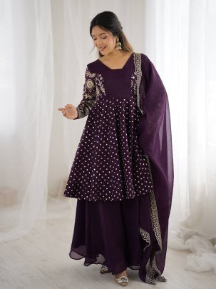 Trendy Purple Crunchy Silk Embroidered Sequence Work Sharara Suit