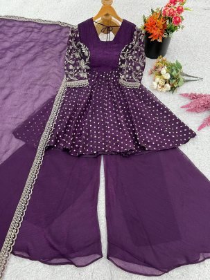Trendy Purple Crunchy Silk Embroidered Sequence Work Sharara Suit