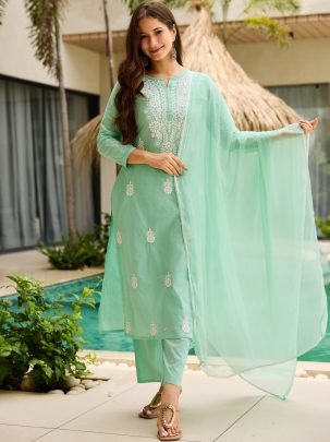 Turquoise Green Cotton Kurta Set With Dupatta
