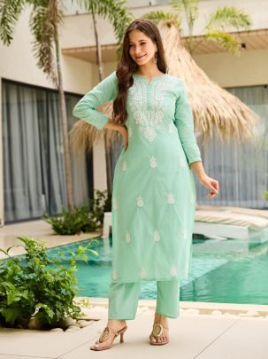 Turquoise Green Cotton Kurta Set With Dupatta