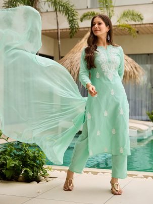 Turquoise Green Cotton Kurta Set With Dupatta