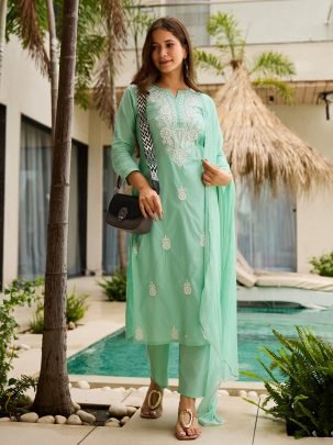 Turquoise Green Cotton Kurta Set With Dupatta