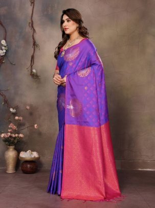 Two Tone Banarasi Handloom Silk Purple  Saree With Matching Pink Blouse