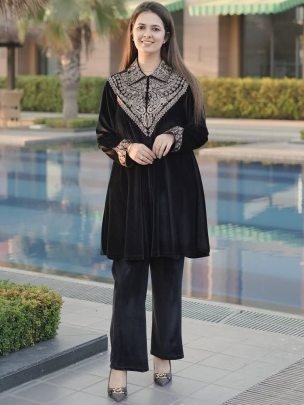 Velvet Fabric Black Colour Co Ord Set