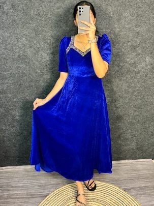 Velvet Fabric  Blue Colour One Pices Dress
