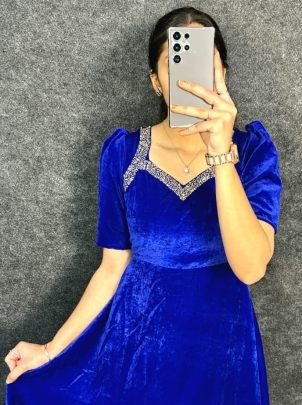 Velvet Fabric  Blue Colour One Pices Dress