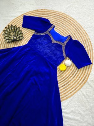 Velvet Fabric  Blue Colour One Pices Dress
