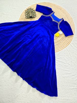 Velvet Fabric  Blue Colour One Pices Dress