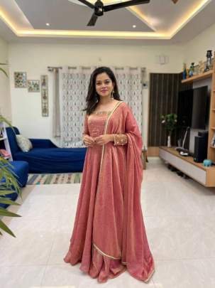 Vichitra Silk Anarkali Style Suit With Gorgeous Thread Work Dupatta