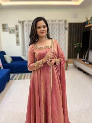 Vichitra Silk Anarkali Style Suit With Gorgeous Thread Work Dupatta