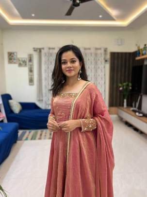 Vichitra Silk Anarkali Style Suit With Gorgeous Thread Work Dupatta