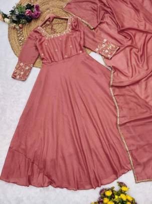 Vichitra Silk Anarkali Style Suit With Gorgeous Thread Work Dupatta