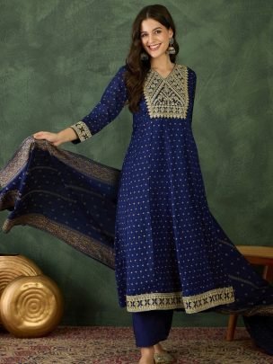 Vichitra Silk Blue Colour Kurti Pant Dupatta