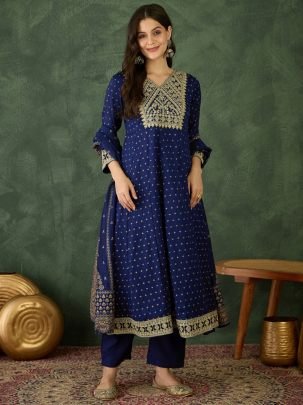 Vichitra Silk Blue Colour Kurti Pant Dupatta