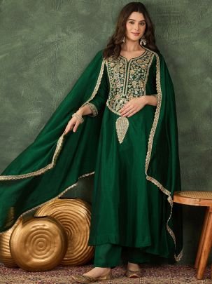 Vichitra Silk Fabric Dark Green Colour Ready Made Suit 