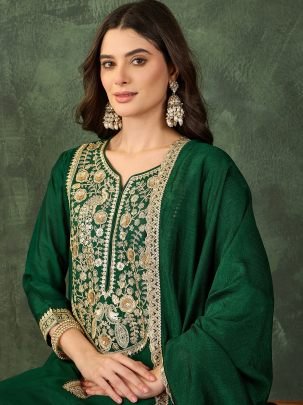 Vichitra Silk Fabric Dark Green Colour Ready Made Suit