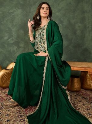 Vichitra Silk Fabric Dark Green Colour Ready Made Suit