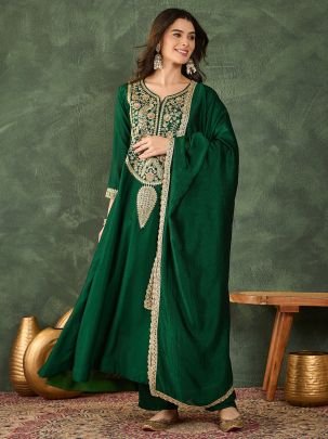 Vichitra Silk Fabric Dark Green Colour Ready Made Suit