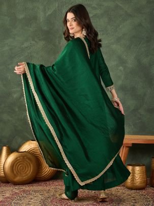 Vichitra Silk Fabric Dark Green Colour Ready Made Suit