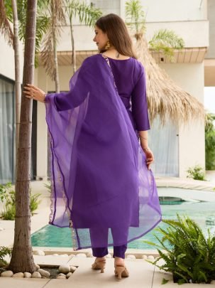 Violet Rayon Slub Kurta Set With Organza Dupatta