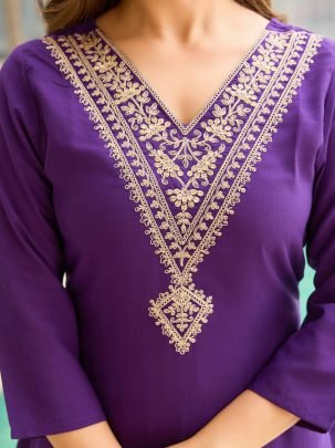 Violet Rayon Slub Kurta Set With Organza Dupatta