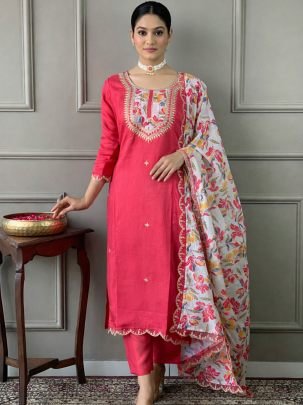 Viscose Fabric Gajri  Colour  Kurti Pant With Dupatta Set