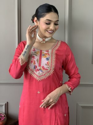 Viscose Fabric Gajri  Colour  Kurti Pant With Dupatta Set