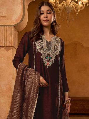 Viscose Silk Coffee Colour Kurti 3 Pcs Set
